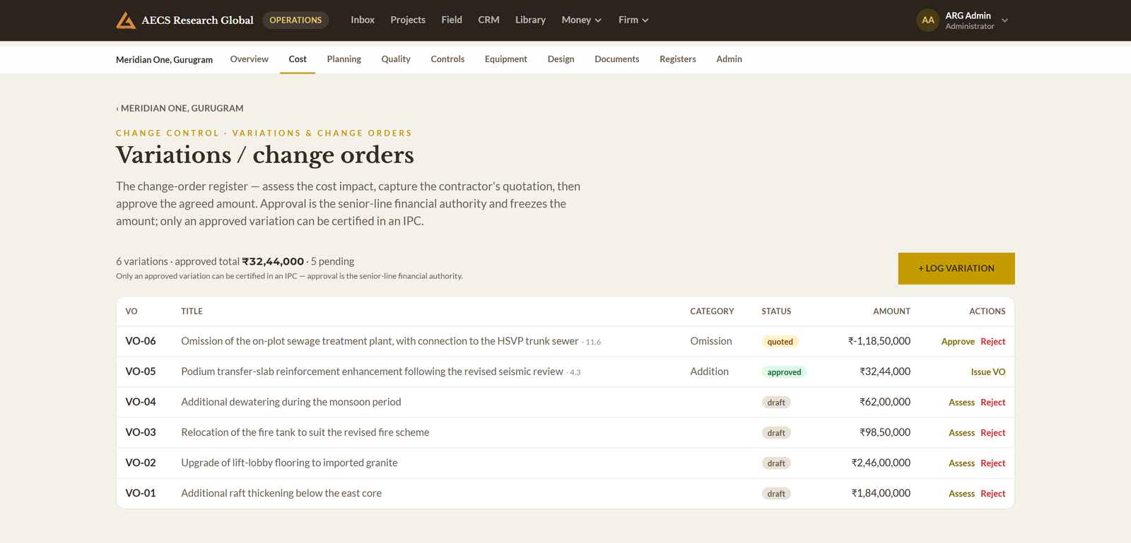 Module 03 · Variations & claims — a screen from the ArgAssure application