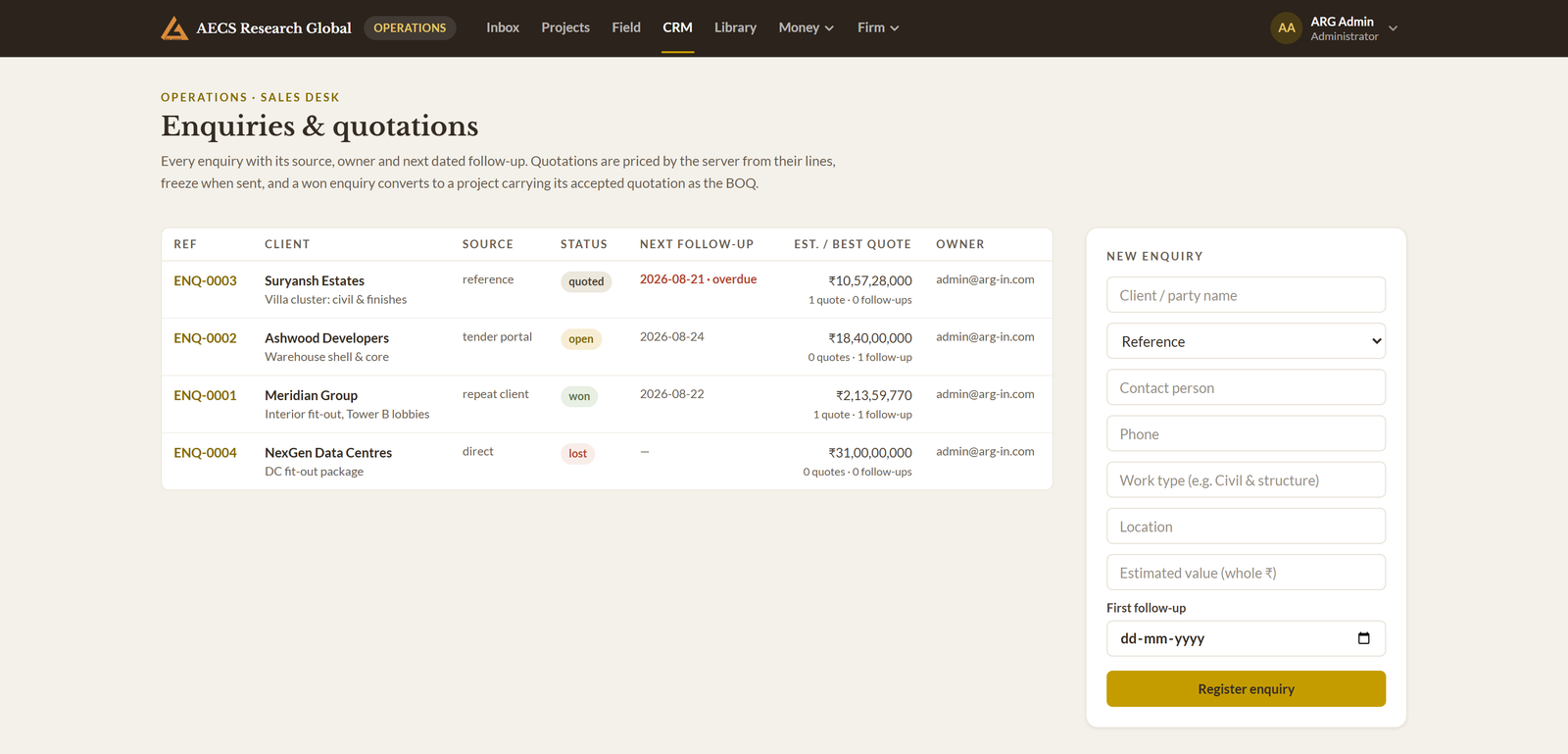 Module 11 · Site CRM: enquiry to contract — a screen from the ArgAssure application