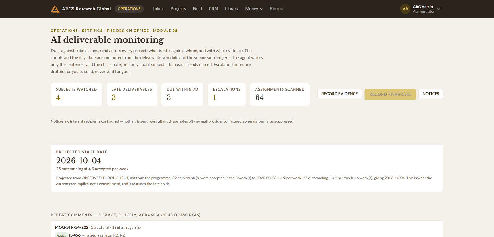 Module 05 · AI deliverable monitoring — a screen from the ArgAssure application