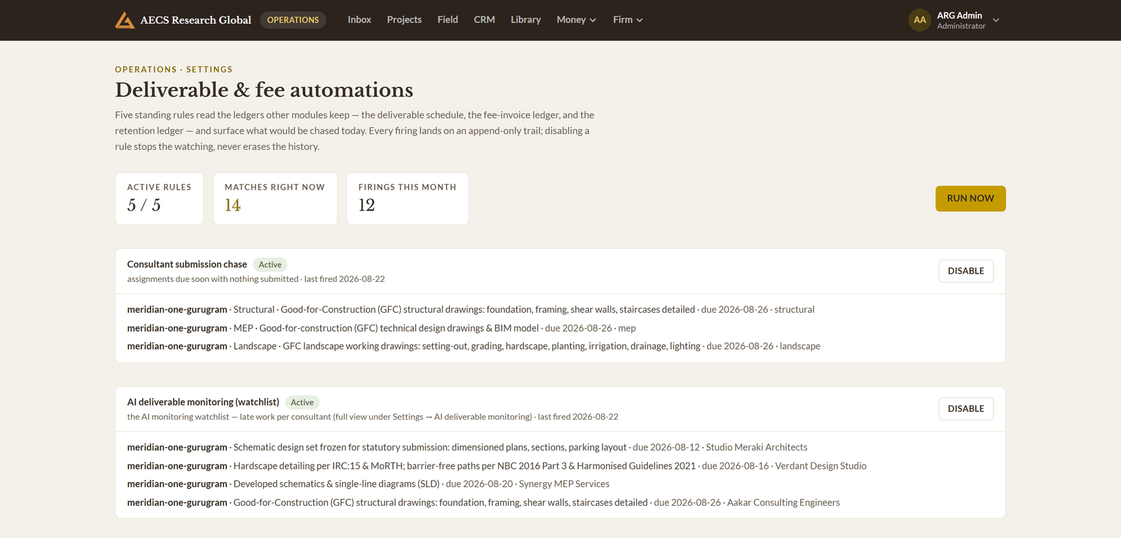 Module 06 · Deliverable & fee automations — a screen from the ArgAssure application