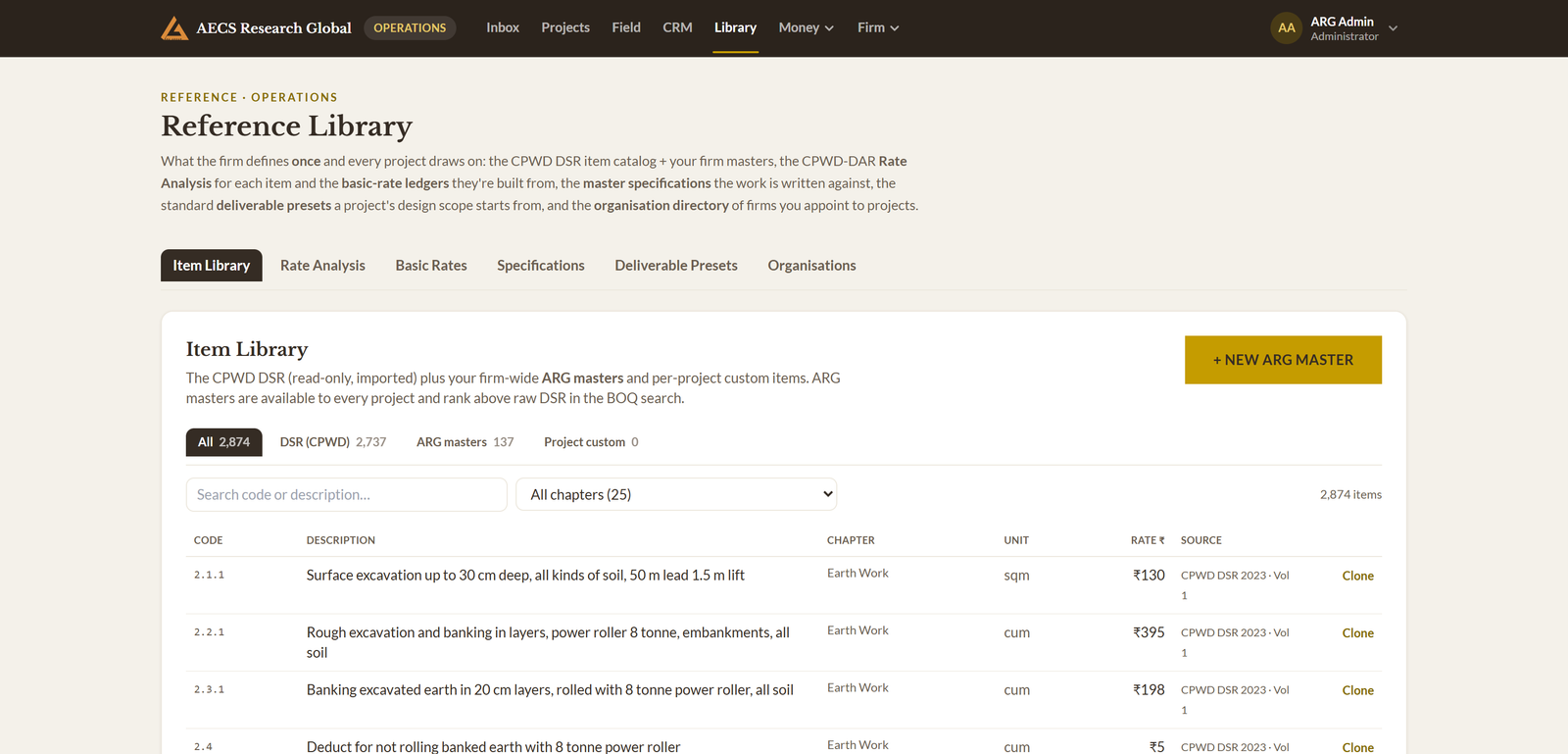 Module 01 · Rate libraries & analysis — a screen from the ArgAssure application